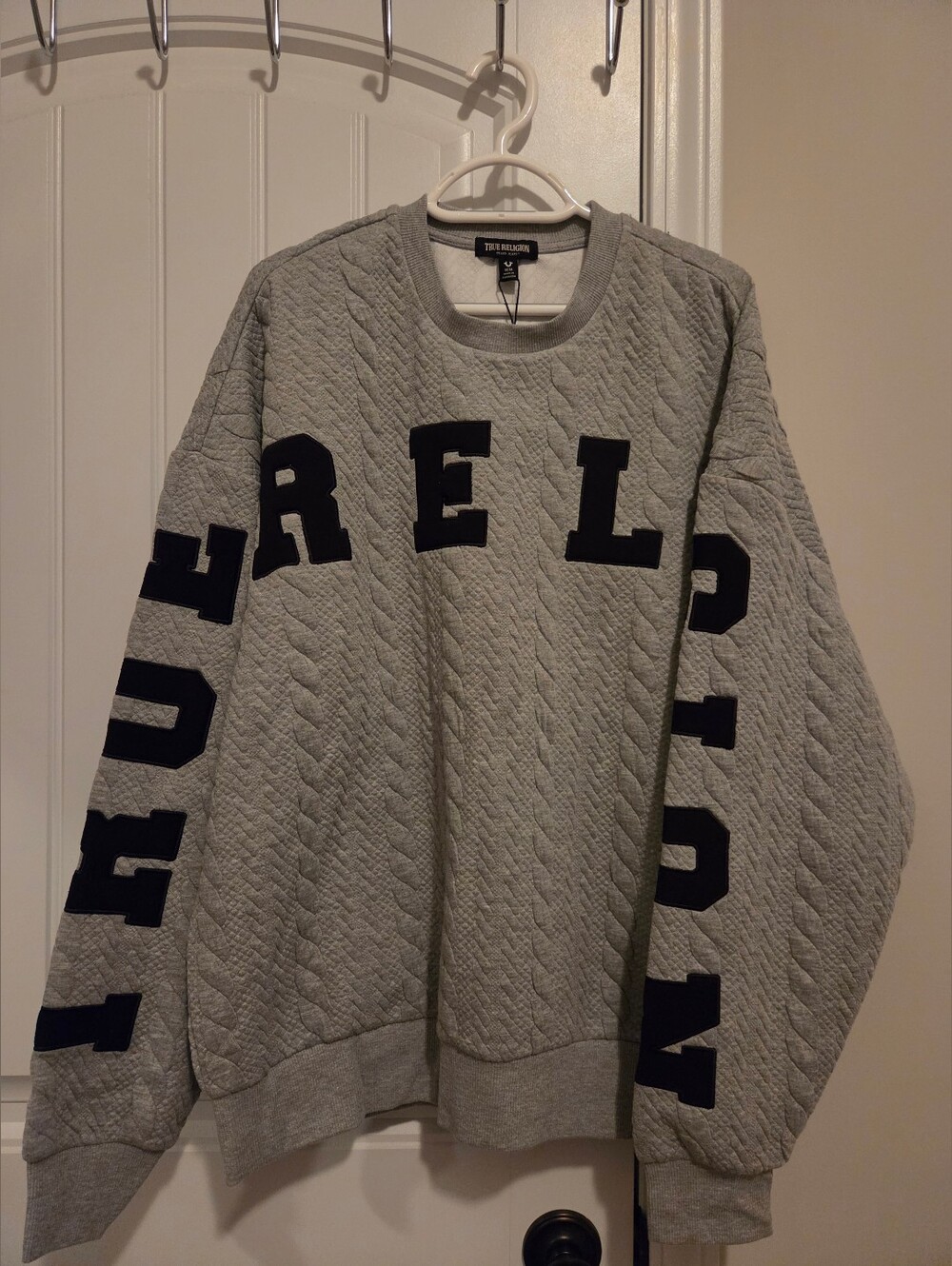 True Religion Quilted Crewneck Sweatshirt in Light Gray